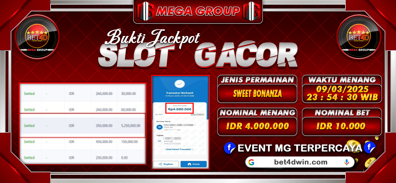 Bukti JP situs Bet4D hari Minggu, 09 Maret 2025